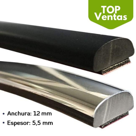 MA036/7 · 12x5.5mm Moldura Adhesiva Flexible · Colores Negro / Cromado