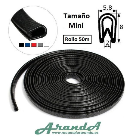Rollo 50m Burlete 8x5.8mm Pvc Flexible · Interior metálico · Tamaño Mini