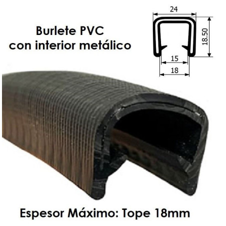 BP049 · 24x18.5mm Burlete Flexible Pvc · Interior metálico · Máximo Espesor