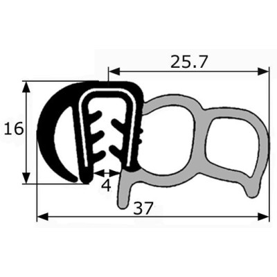 GP023 · 37x16mm Goma doble estanqueidad con pestaña lateral · Caucho EPDM